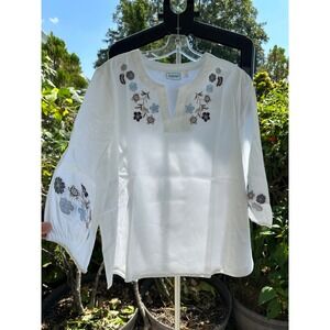 National Women White Floral Embroidered Split Neck Tunic Top XL NWT